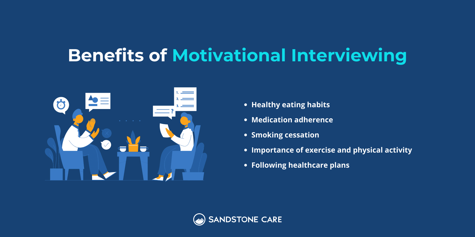 Benefits of Motivational Interviewing Infographic with a counseling session illustration and list of benefits