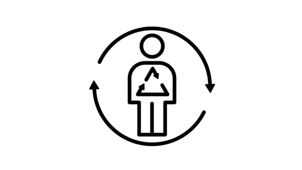 a black and white image of a man with a recyclement symbol
