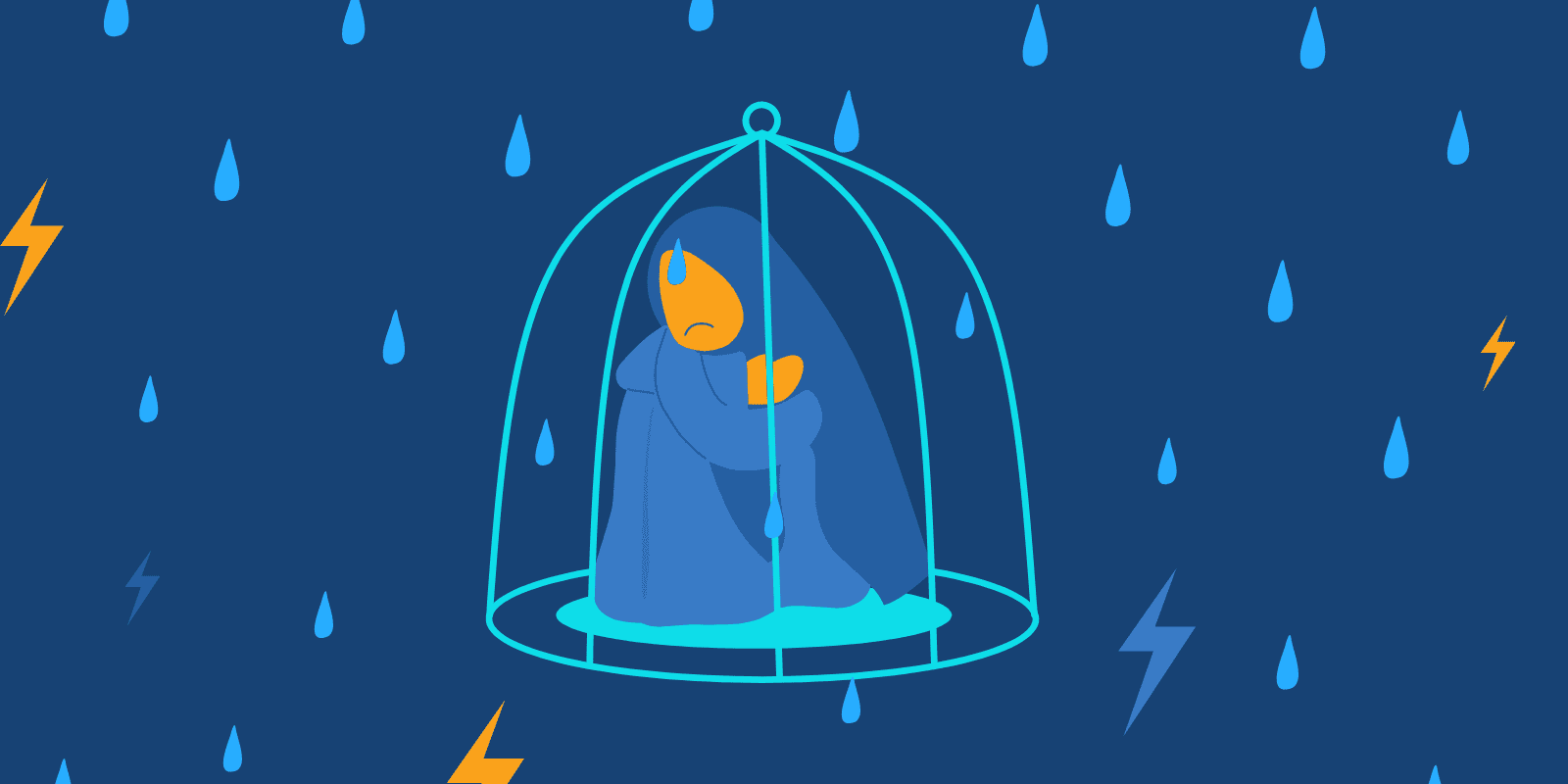 Illustration of a girl Illustration of a girl feeling sad and lonely with raindrops and thunderbolts