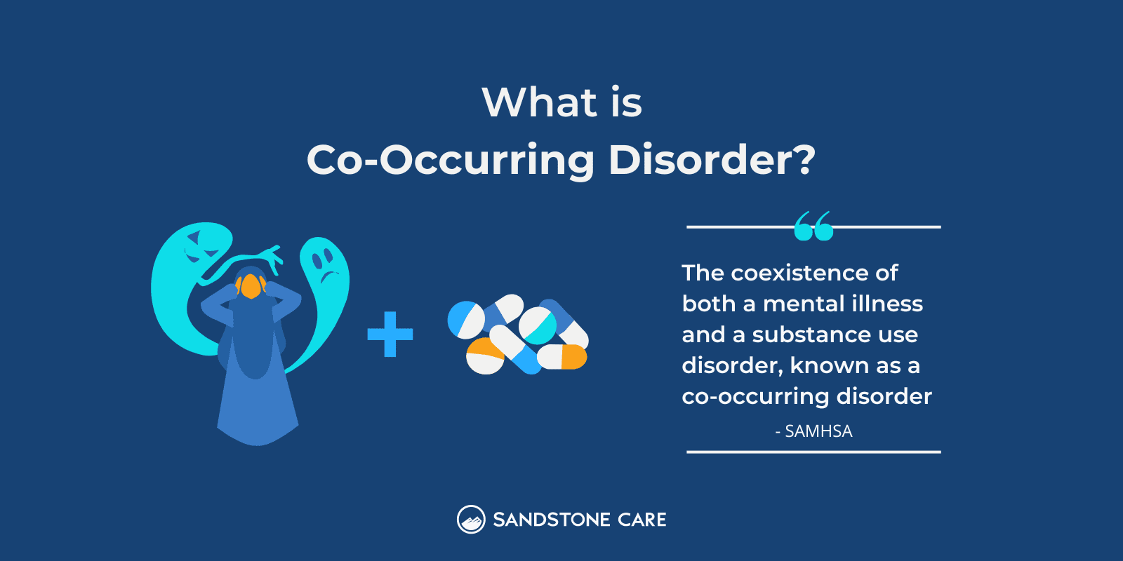Definition of co-occurring disorder with illustration of a person looking stressed and pills