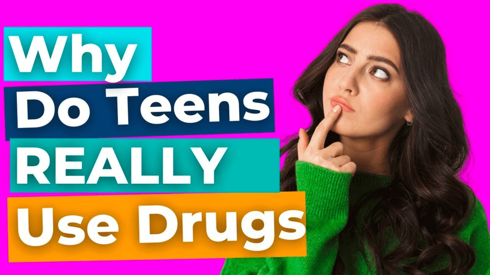 Teen girl looking curious at the text "why do teens really use drugs"