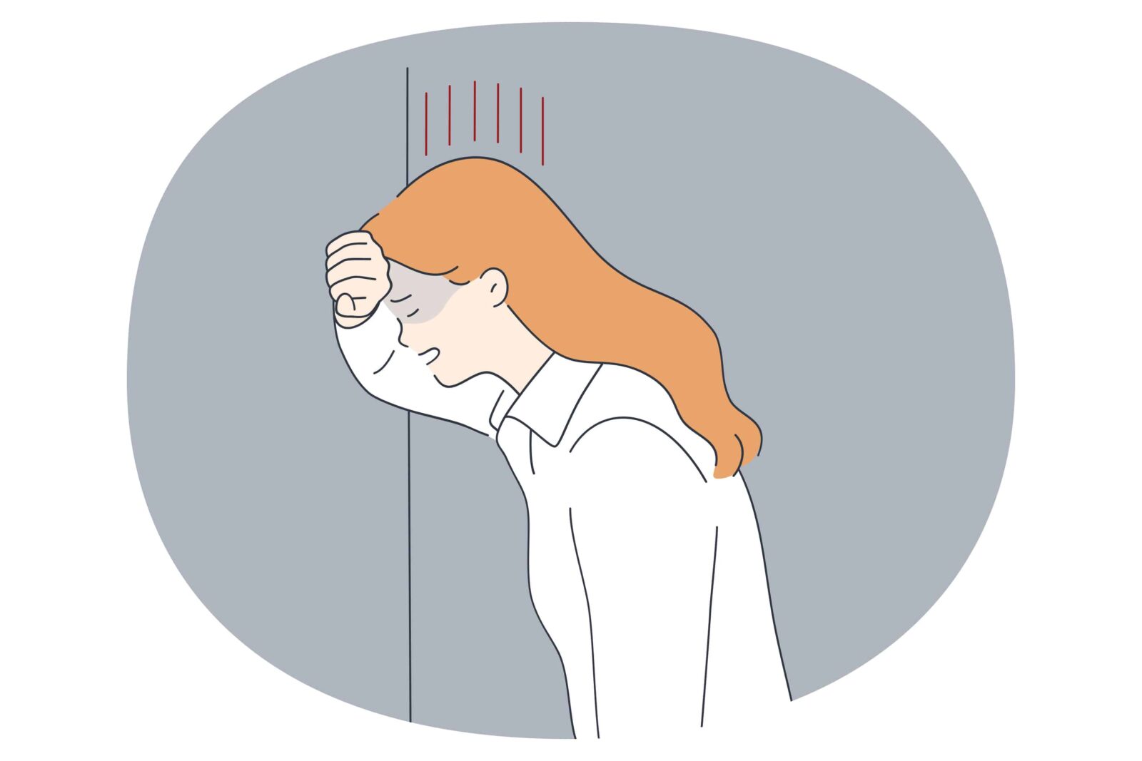 Depression grief and unhappiness concept. Young sad unhappy woman standing crying pushing face to wall feeling depressed vector illustration