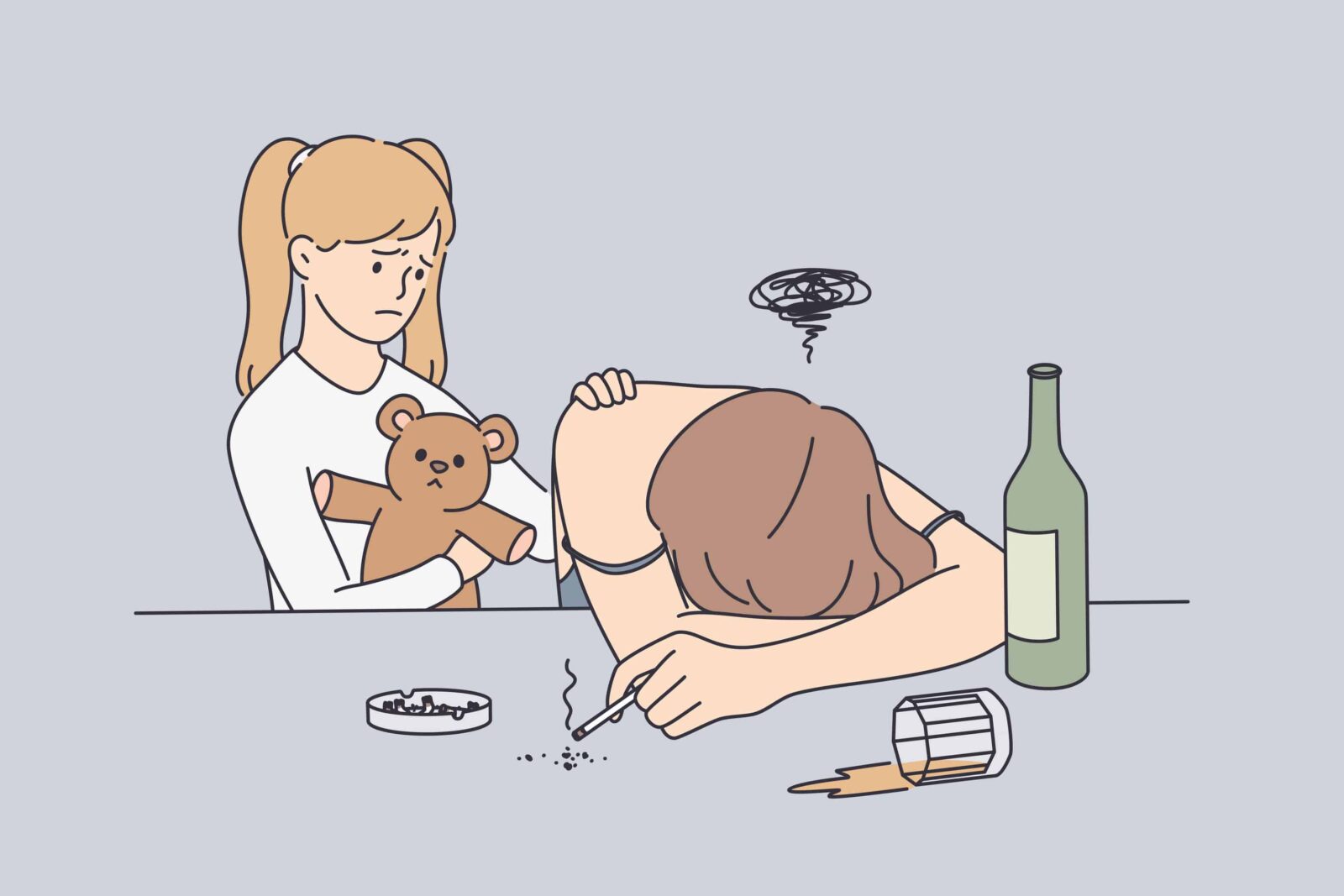Alcohol drug addiction and help concept. Little sad cute girl standing near her mother and touching her shoulder wanting to help her feeling unhappy vector illustration