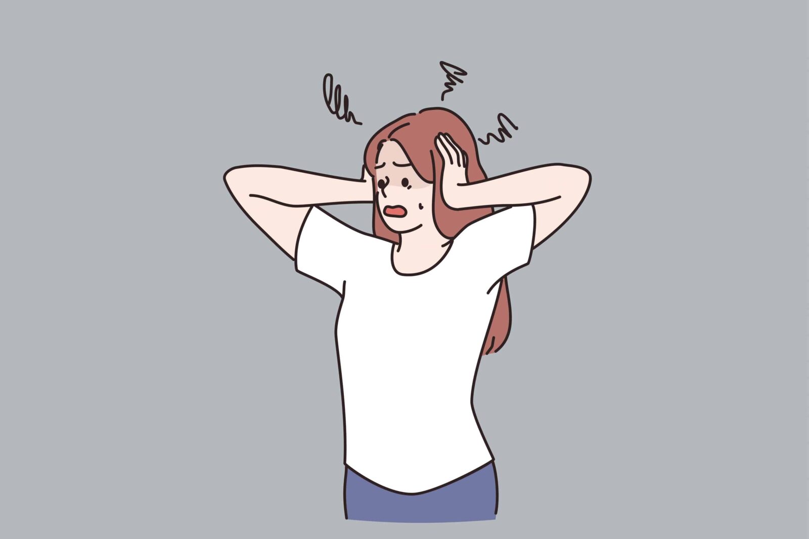 Anxiety, panic and stress concept. Young anxious female cartoon character standing touching head feeling stressed vector illustration