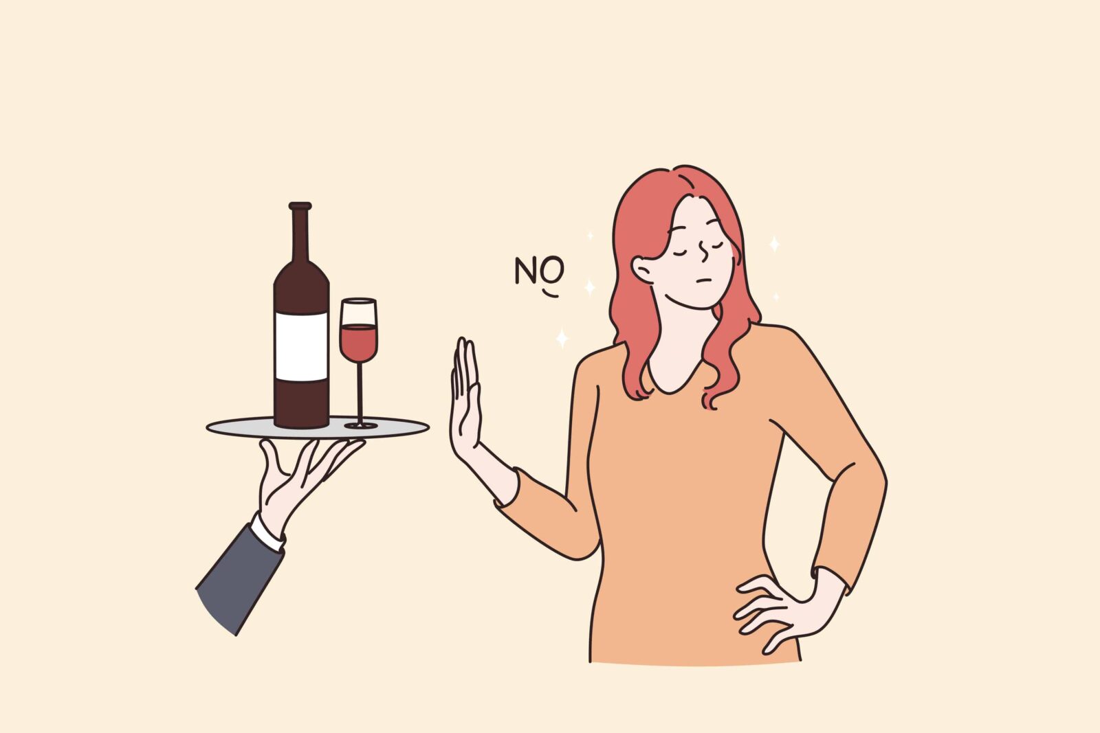 Healthy lifestyle and avoiding alcohol concept. Young Woman standing saying no to alcohol refusing of glass of wine with raised hand vector flat illustration