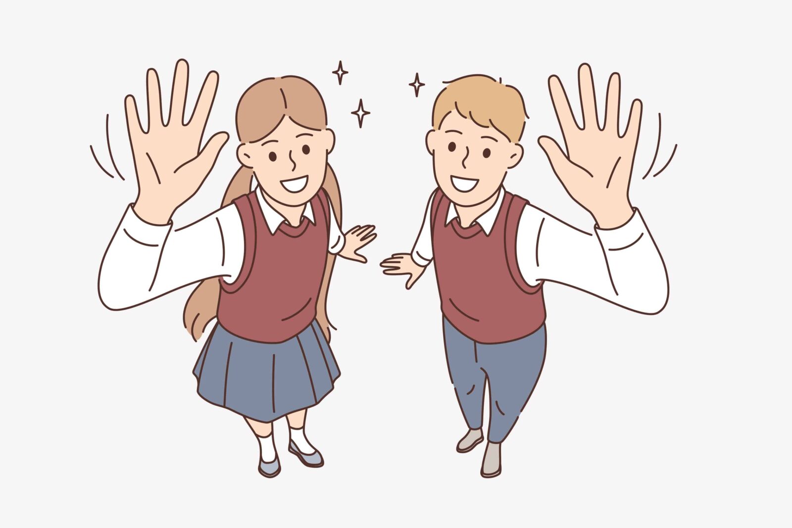 Education, studying and knowledge concept. Smiling boy and girl students pupils standing waving hands looking at camera showing excitement vector illustration