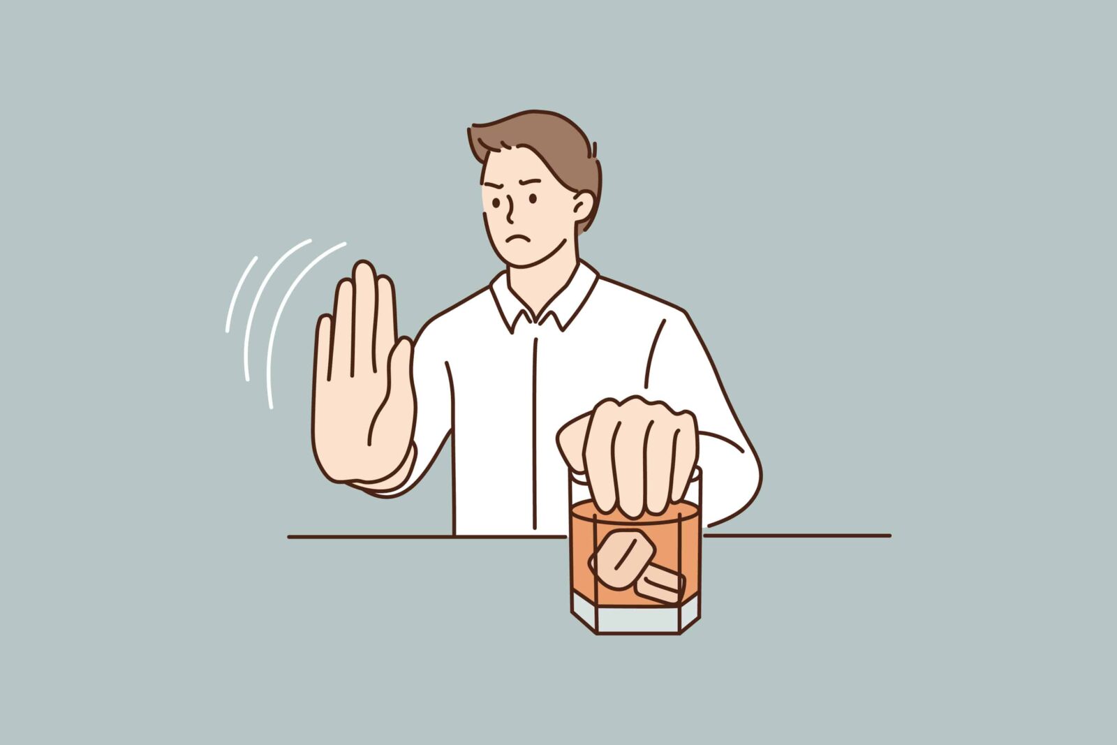 Young man refuse drinking alcohol. Decisive male make hand gesture sign say stop no to alcoholic cocktail. Guy reject beverage at bar follow healthy lifestyle. Flat vector illustration.