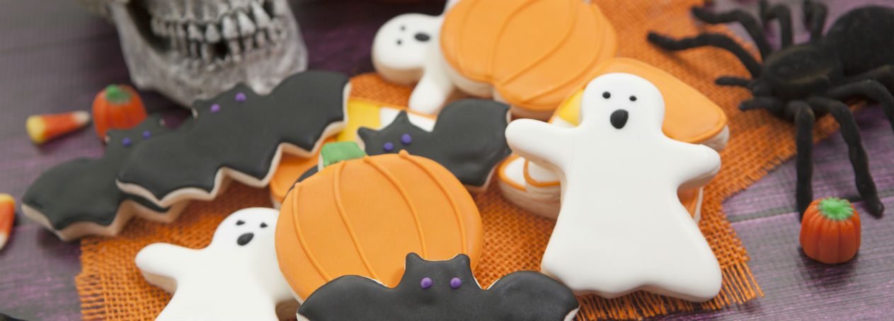 Halloween decoration and pumpkin-, ghost-, bat-shaped cookies