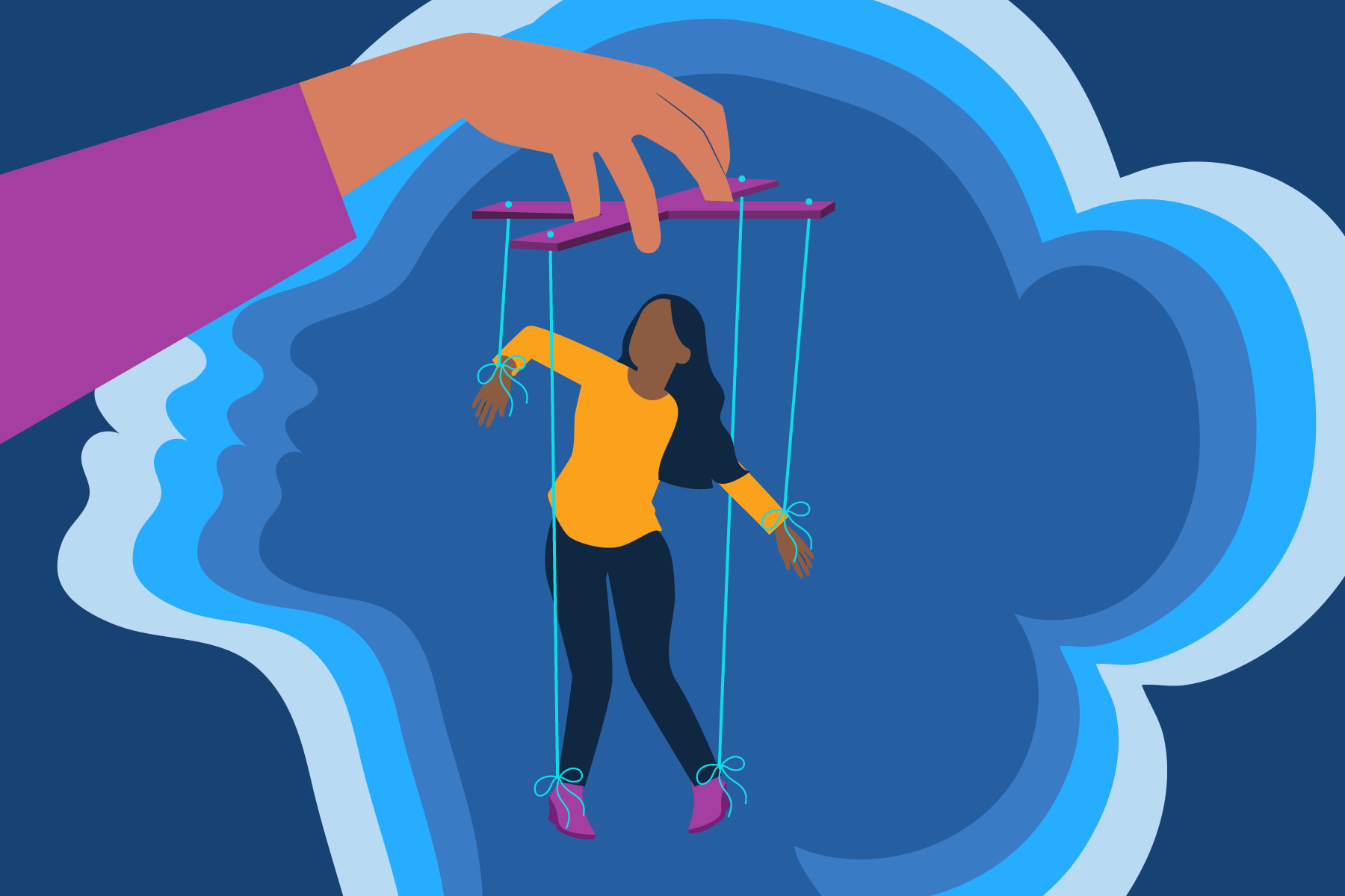 A woman who is tied to strings and being manipulated like a puppet by a large hand above her