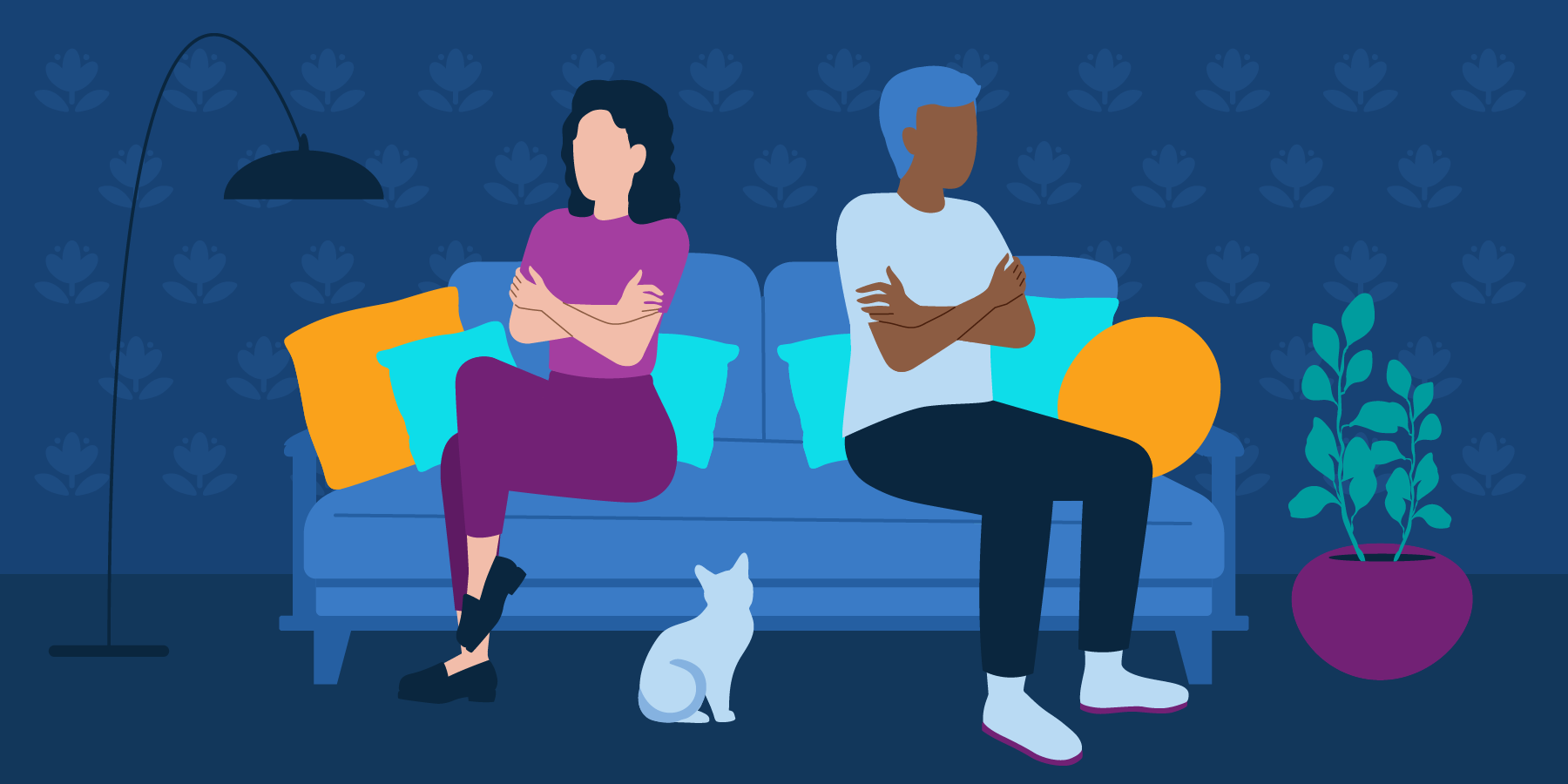 A man and a woman sitting on a couch with their arms crossed, both are turned away from eachother