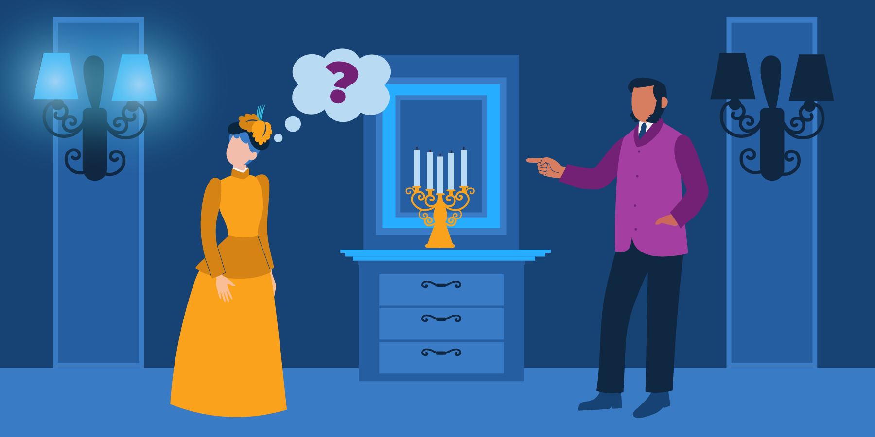 A man and a woman standing in a room, the woman is looking behind her at the gaslights which are turned on. The man is pointing at the woman.