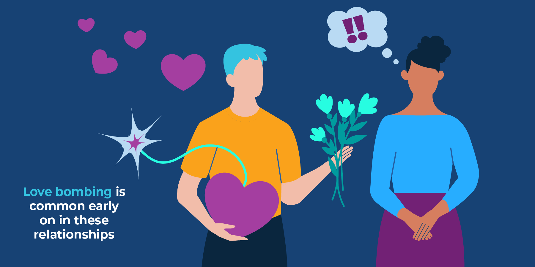 A man holding a heart shaped bomb, handing a bouquet of flowers to a woman who looks unsure