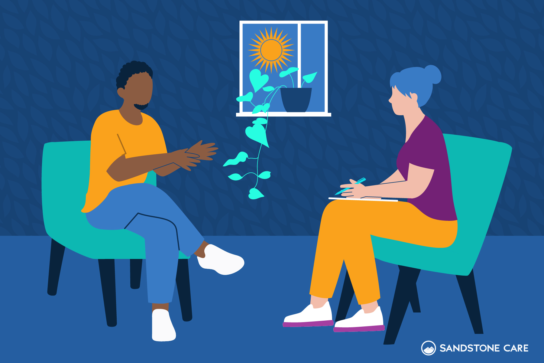 A male patient is sitting in a therapists office, speaking to a female therapist