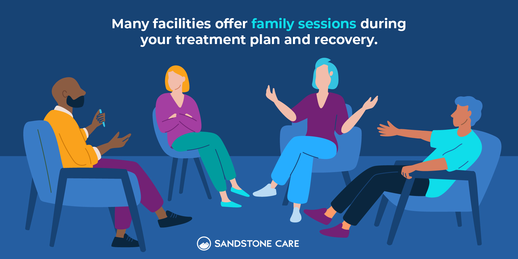 An illustration of three family members participating in a group therapy session with a therapist.