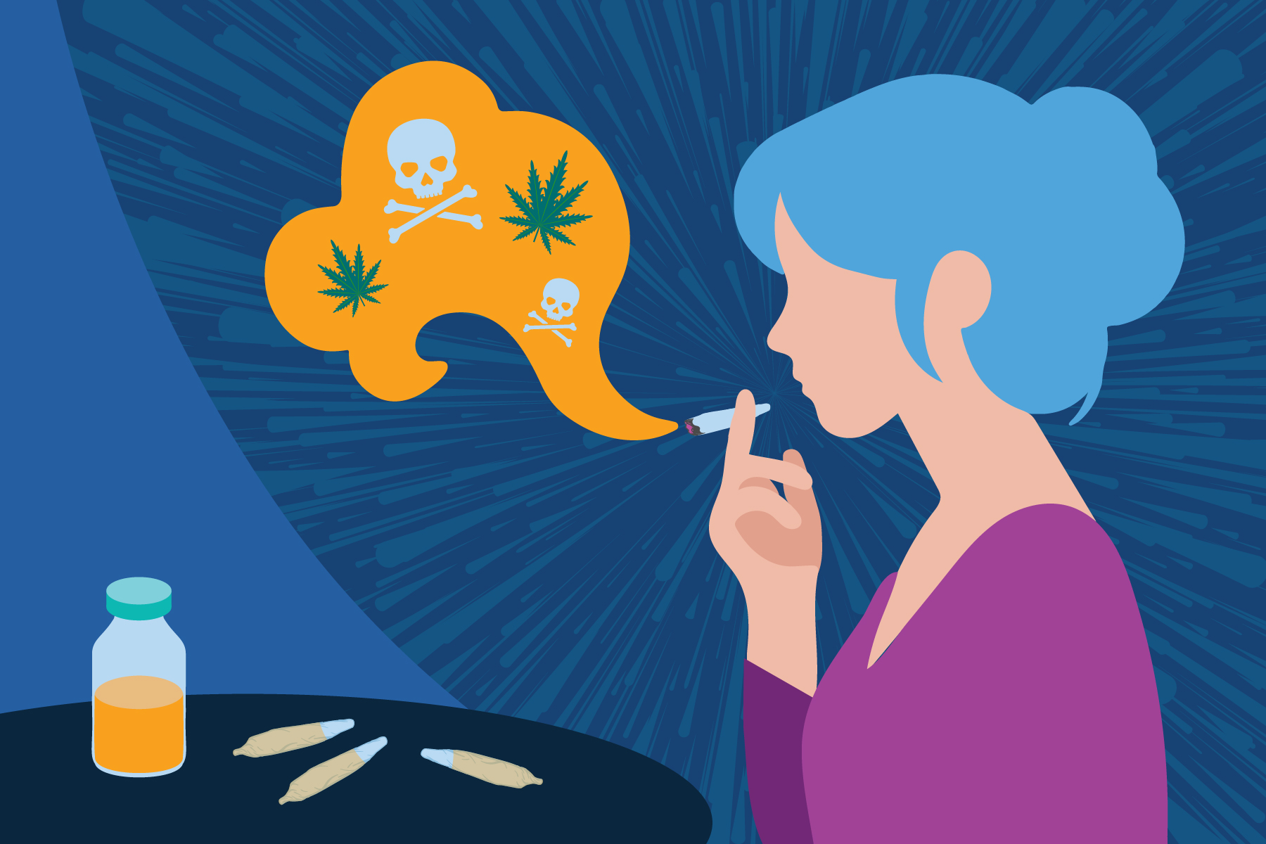 A woman smoking a sherm stick, with PCP and joints on the table next to her