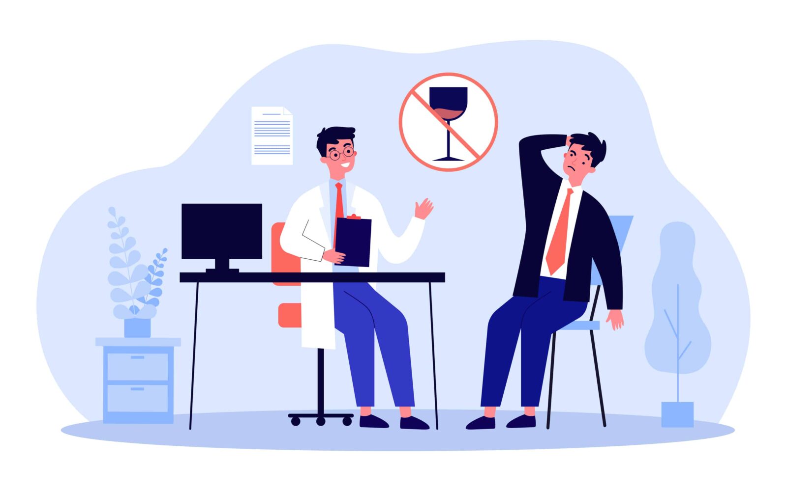 Doctor telling confused office worker to stop drinking. Man addicted to alcohol at medical appointment flat vector illustration. Alcohol, addiction, health, medicine concept for banner, website design