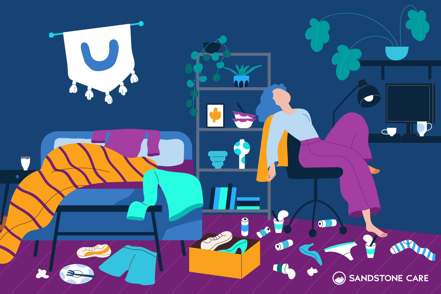 A teenage girl sitting in a messy bedroom