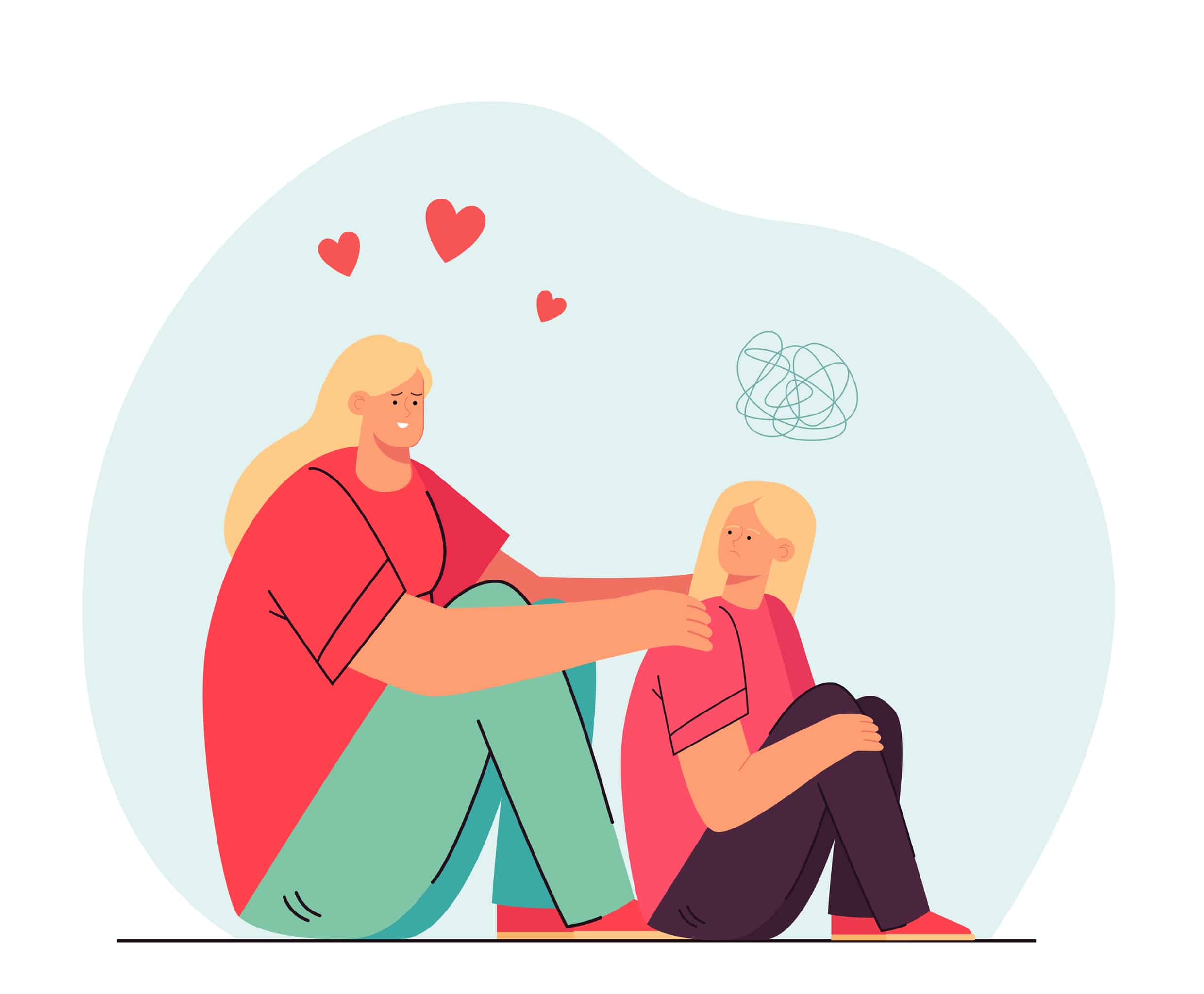 Mother helping puzzled daughter to cope with problem. Parent supporting child flat vector illustration. Parenthood, family relationship concept for banner, website design or landing web page