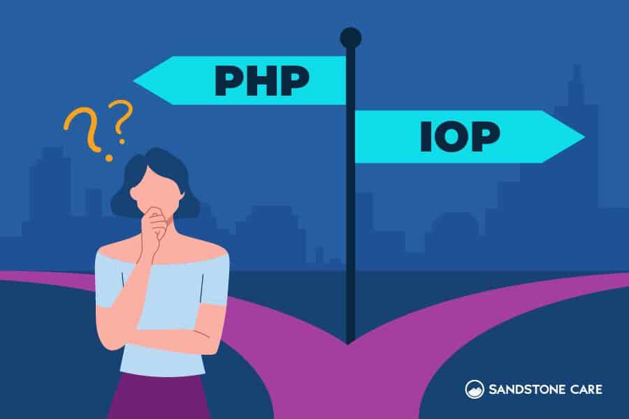 Woman contemplating programming language options with PHP and IOP signs.