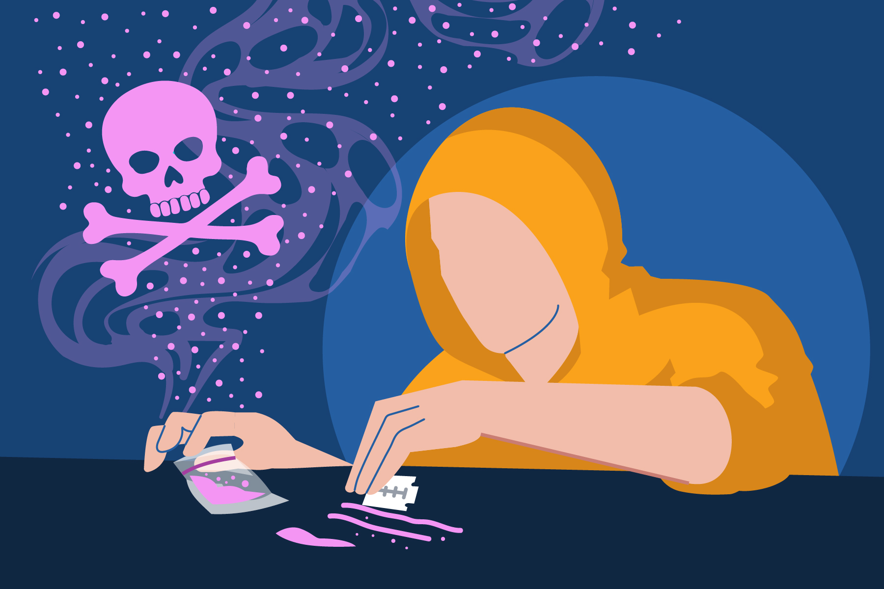 A person cutting up lines of pink cocaine with a razor blade.