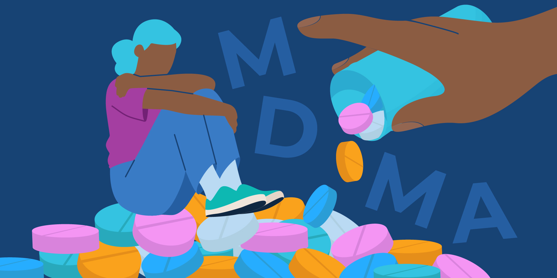 A sad looking girl sits on top of a pile of MDMA pills