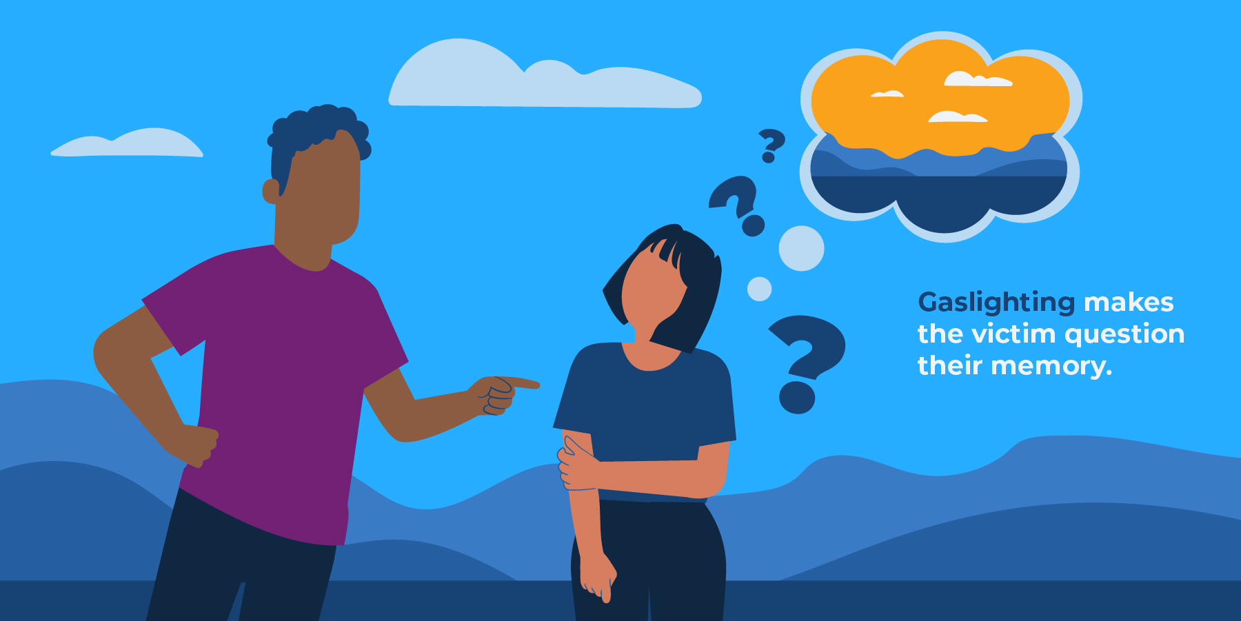 Infographic explaining gaslighting as a form of psychological abuse where the abuser makes the victim doubt their memory, perception, or sanity.
