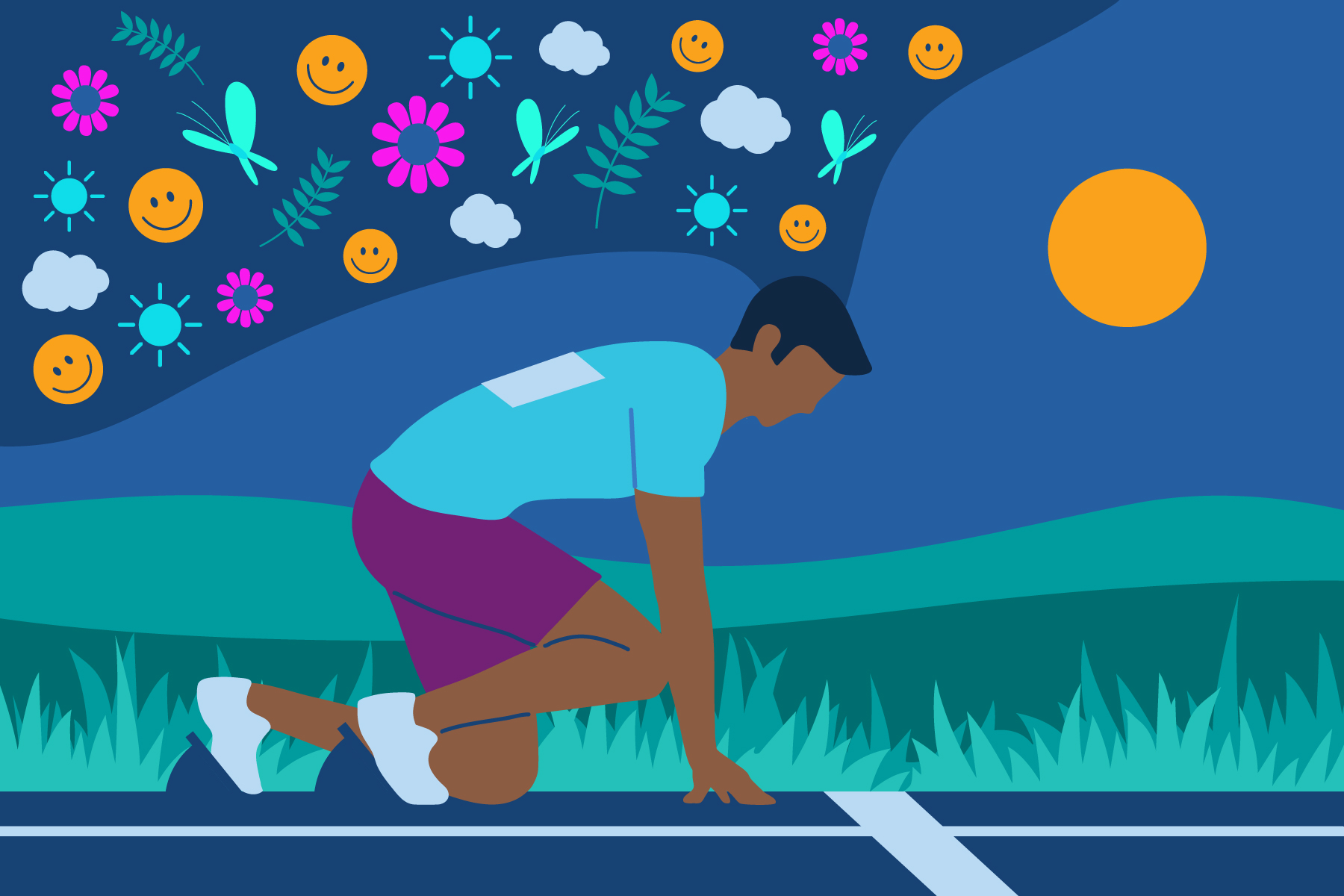 A person bent down on a track, getting ready to run a race.