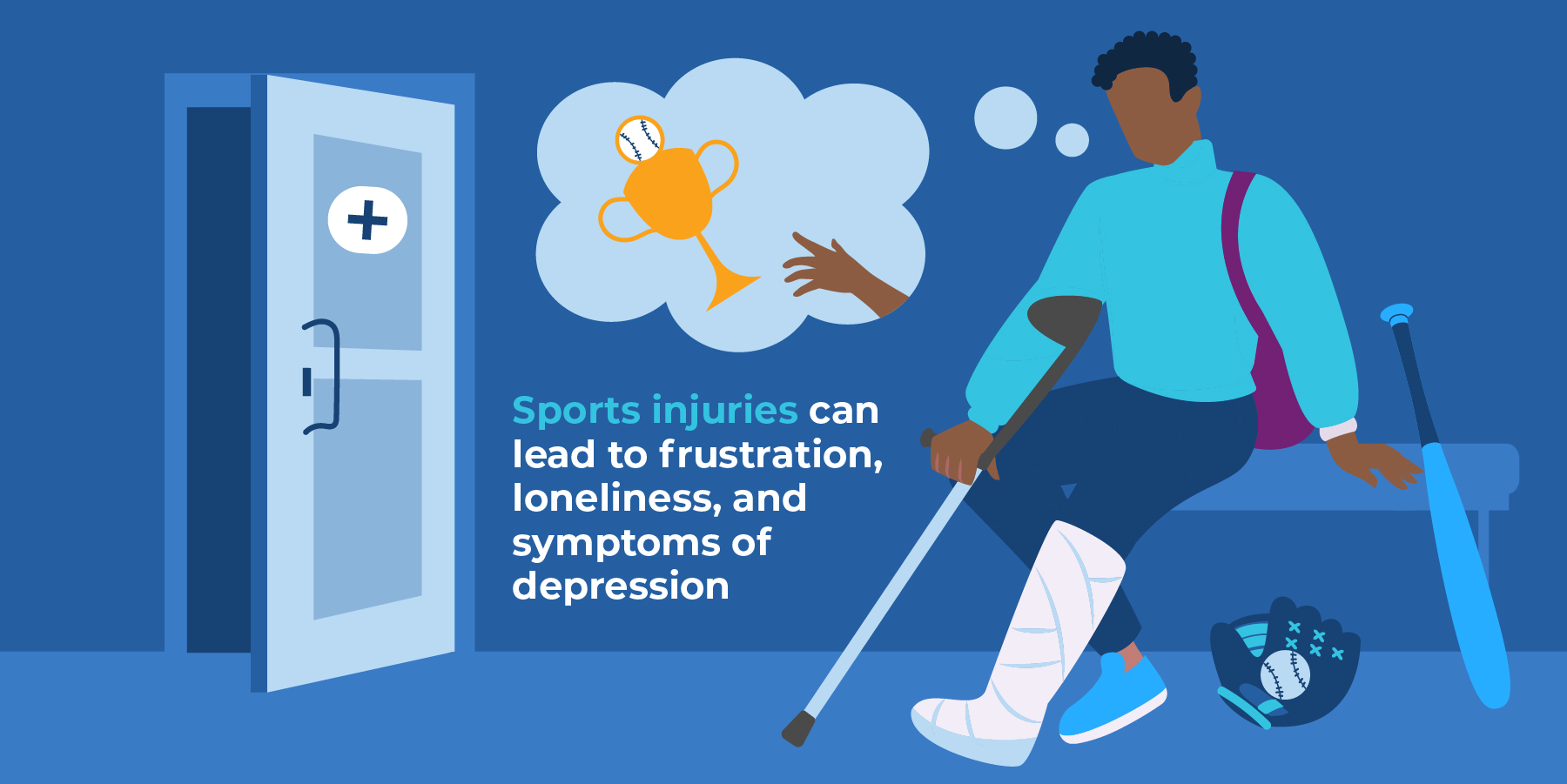 An image of a person sitting on a bench in a doctor's office with a cast on their leg, thinking about losing an opportunity to win a baseball trophy.