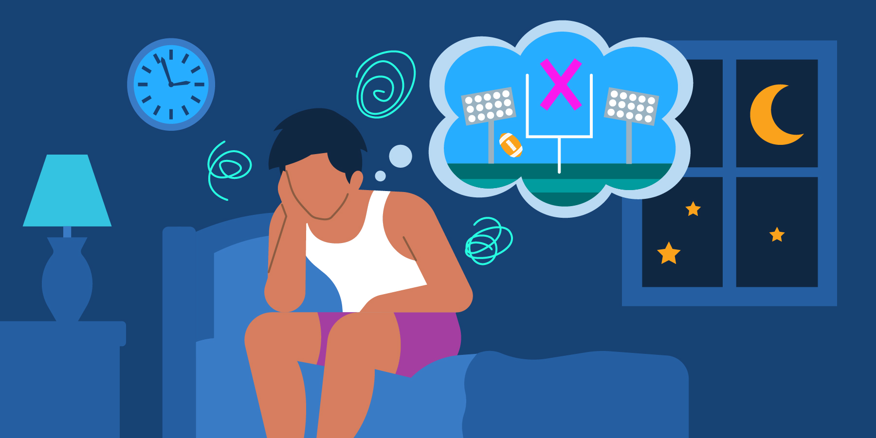 Image of a person sitting on a bed in the dark, thinking about a missed field goal on a football field.