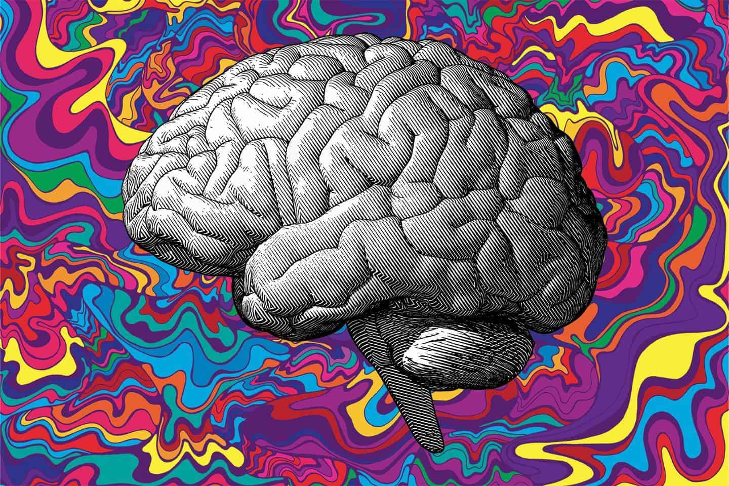 A sketched brain surrounded with swirling vibrant paint.