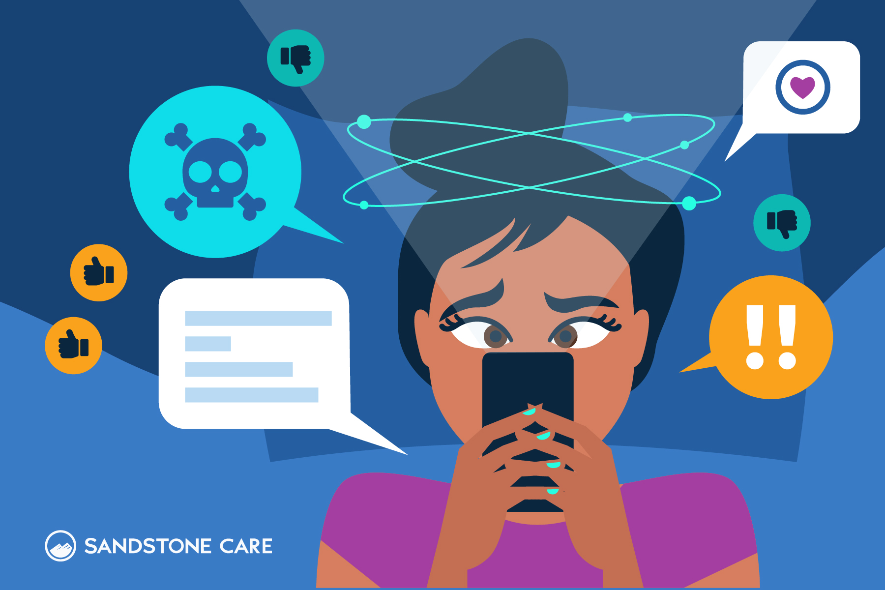 A girl looks at her phone and feels overwhelmed by all the apps, likes and content.