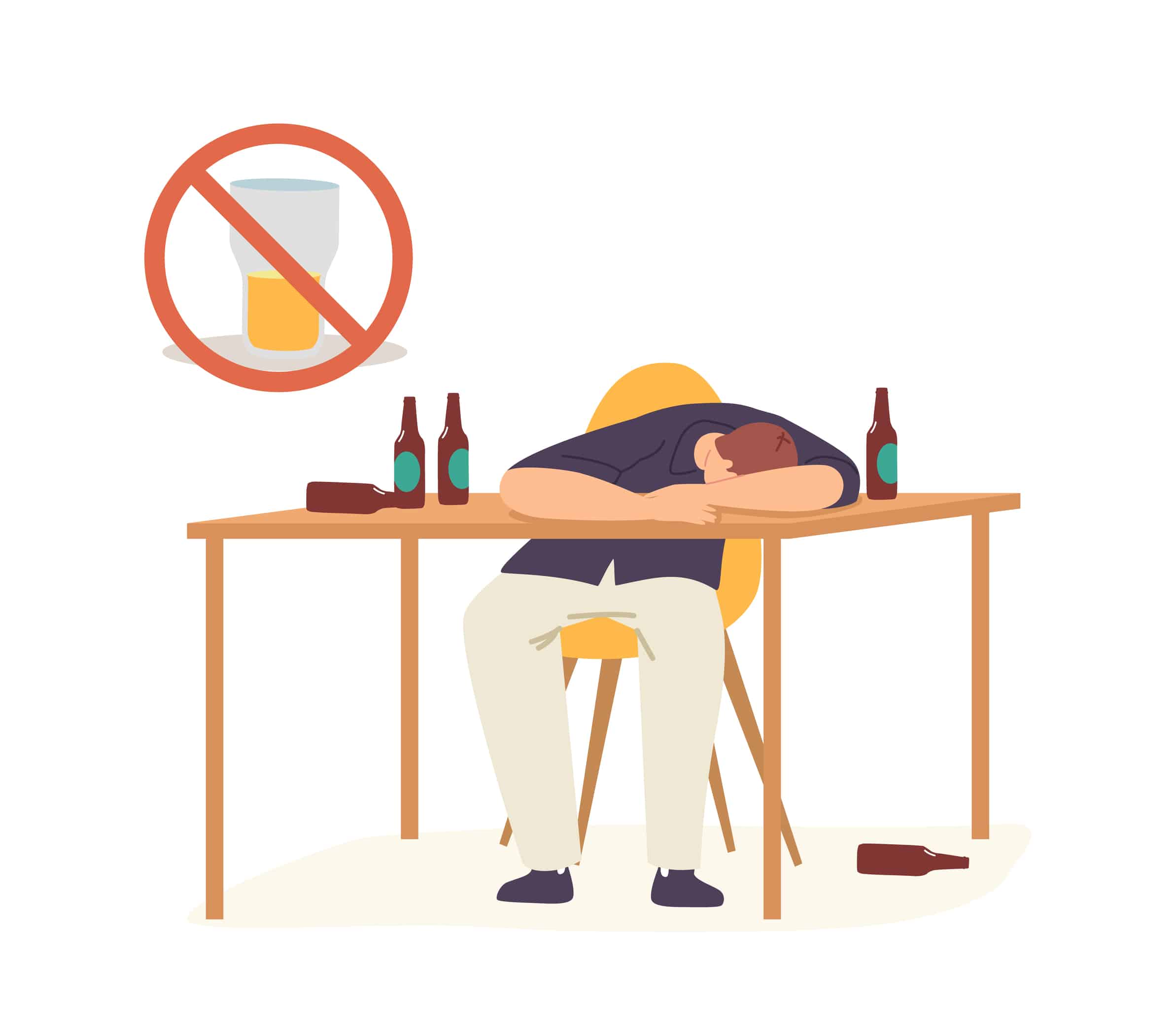 Alcoholism Concept. Drunk Man Hangover Syndrome due to Alcohol Addiction. Male Character Sleeping on Table with Empty Bottles around. Pernicious Habits, Substance Abuse. Cartoon Vector Illustration