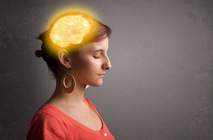 Young girl thinking with glowing brain illustration