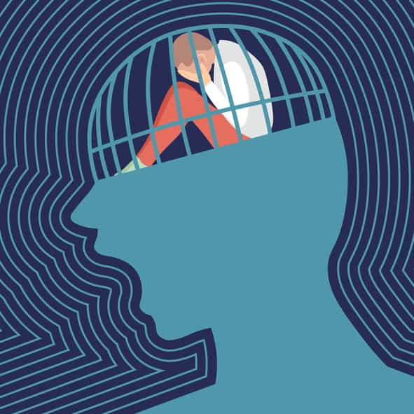 teen-suicide-prevention-sad person is siting and crying in a screaming head prison. Concept of depression. Flat vector illustration.