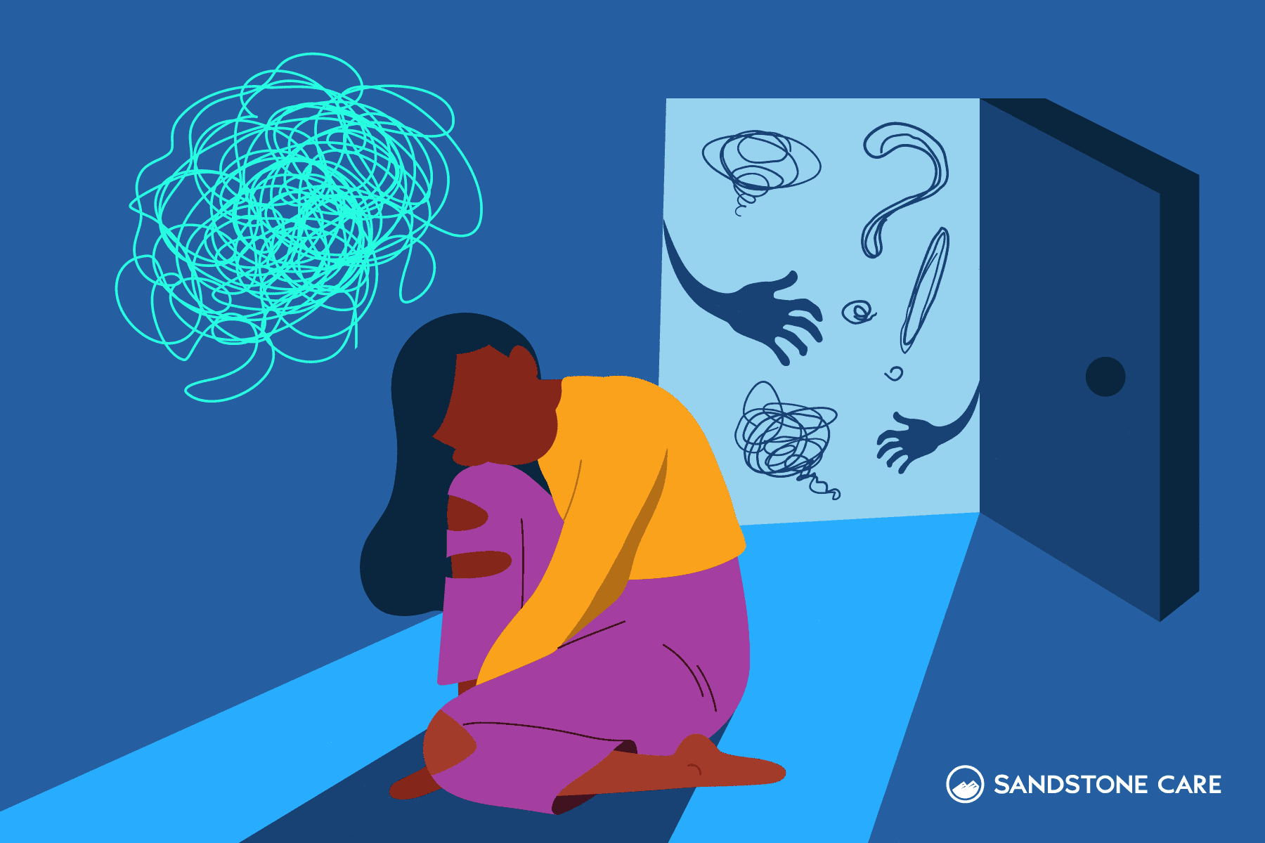 an illustration of a woman sitting on the floor having anxious thoughts