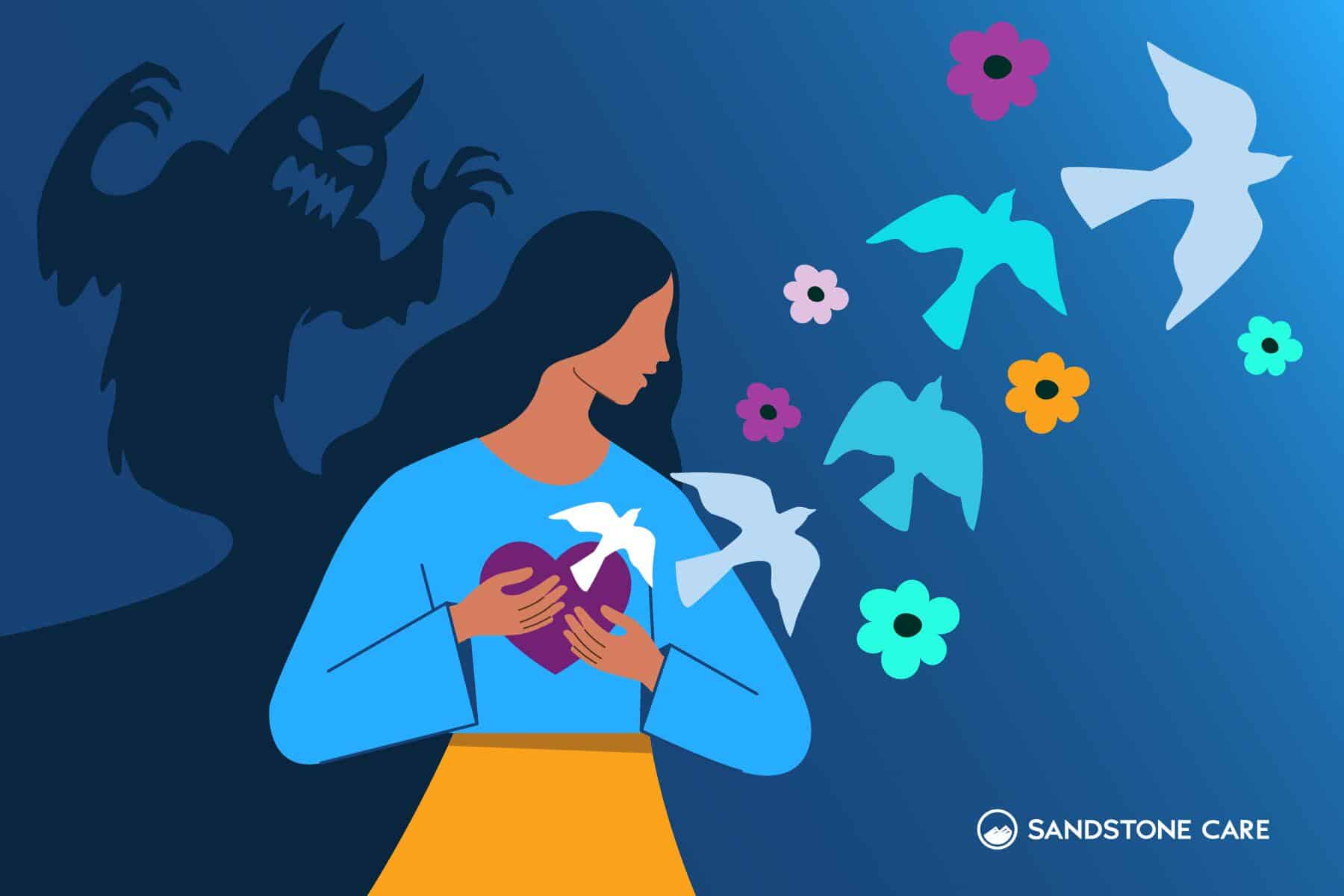 A woman with doves flying out of her heart, representing healing, while a monster is in the dark behind her, representing trauma that she is carrying.