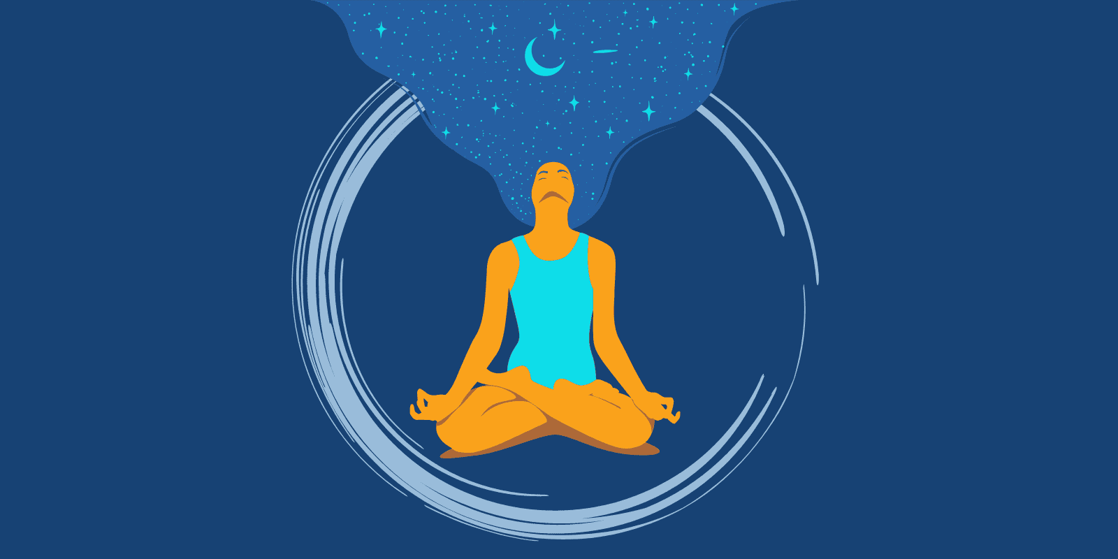 An illustration of a person meditating where her hair is displayed as a universe