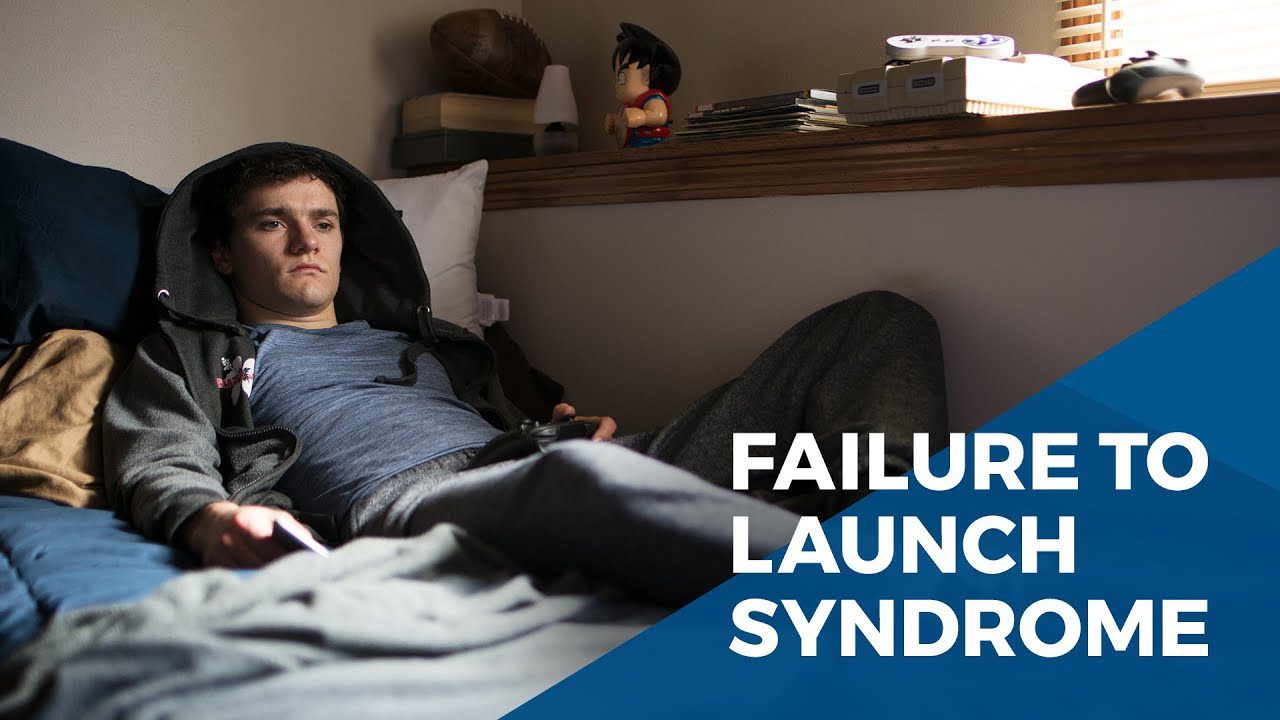 A teenage boy laying in bed with a title "Failure to Launch Syndrome" written below him.