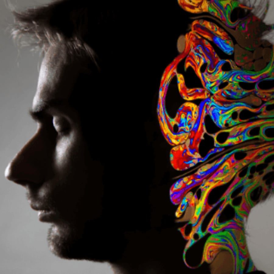 black and white image of man with psychedelic patterns on the back of his head