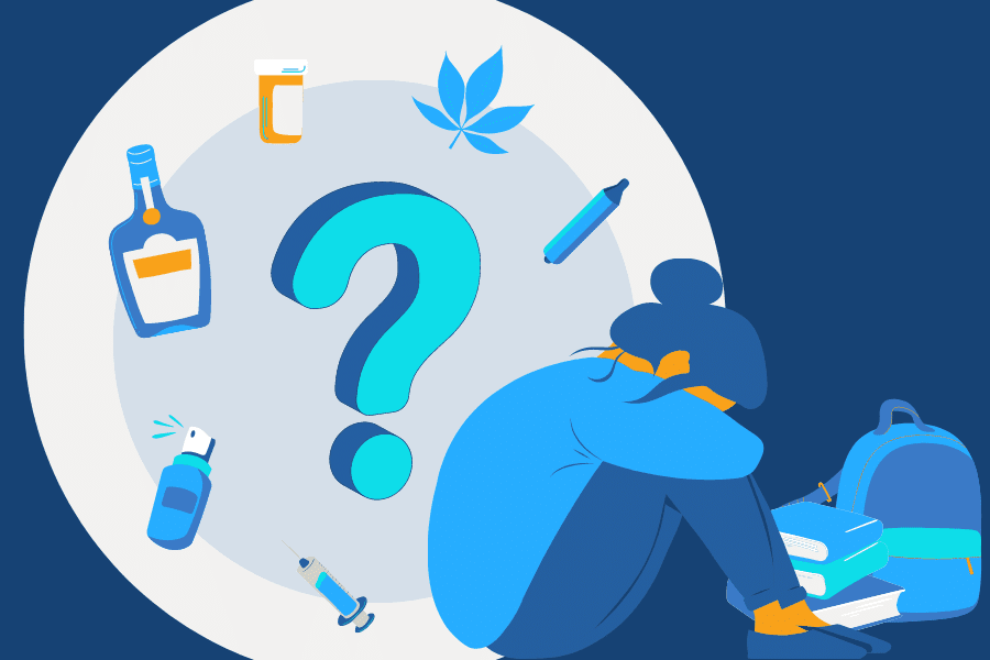 An illustration of a teen looking sad sitting down with her heads between her legs. Behind her is a circle of drugs surrounding a question mark