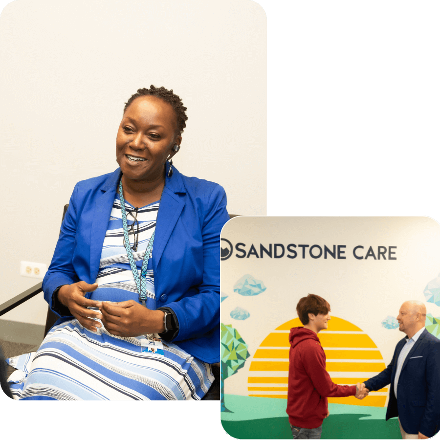 Collage of clinicians and teens in front of a sandstone care mural.