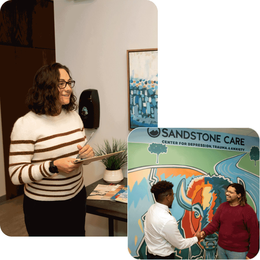 Sandstone Care Collage image with therapists meeting clients
