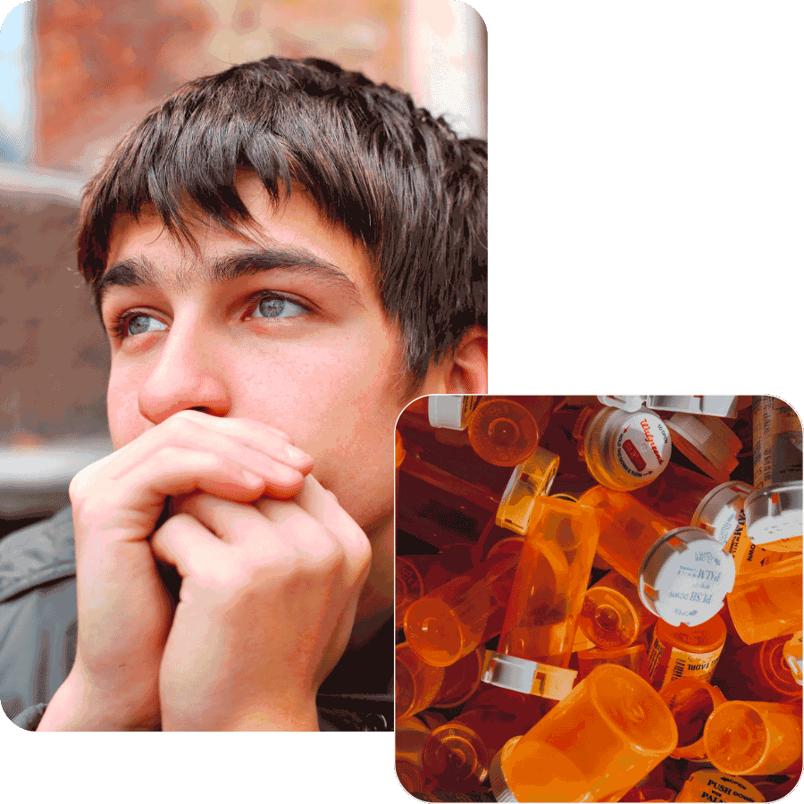 Collage image with stressed teen boy and prescription orange pill bottles