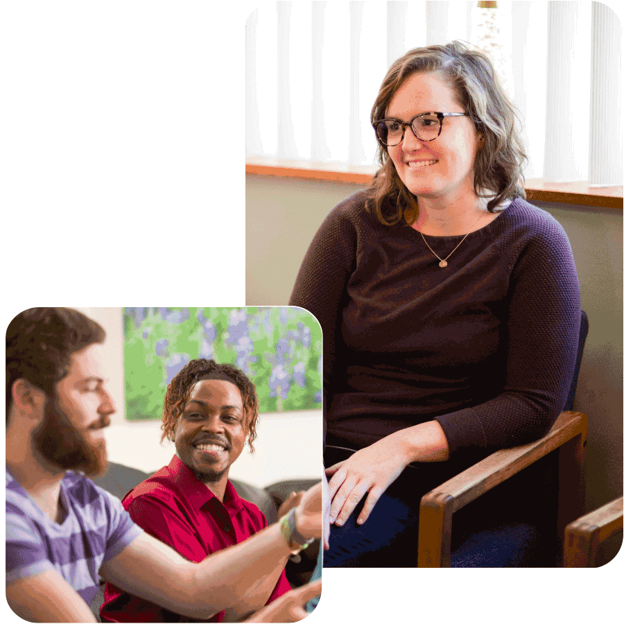 A collage showing a woman smiling in therapy and two men talking with each other.