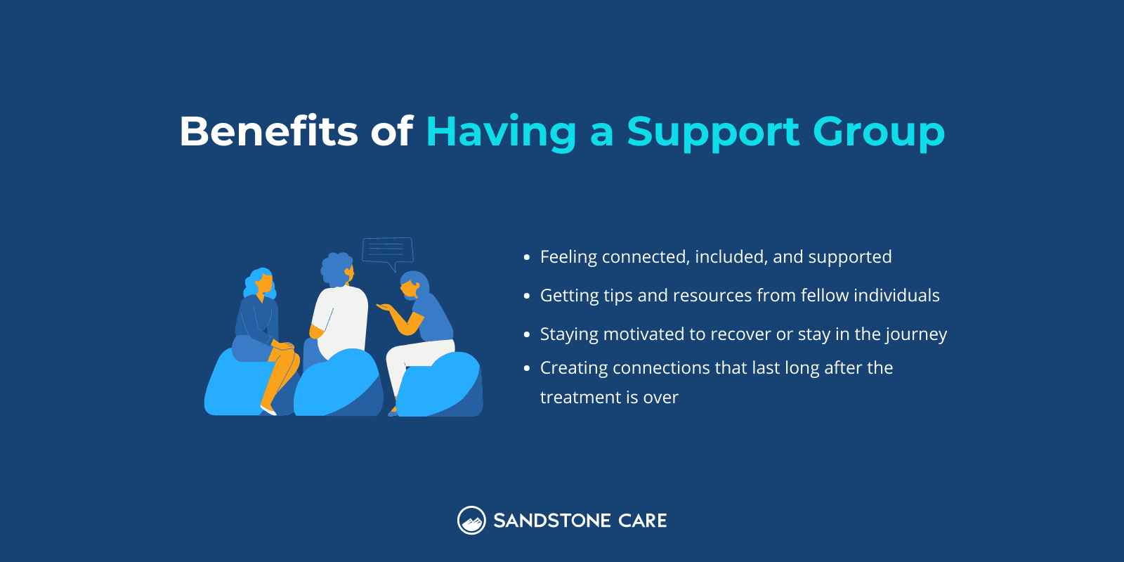 List of benefits of having a support group next to a small illustration of group of women talking to each other while sitting on a cushion