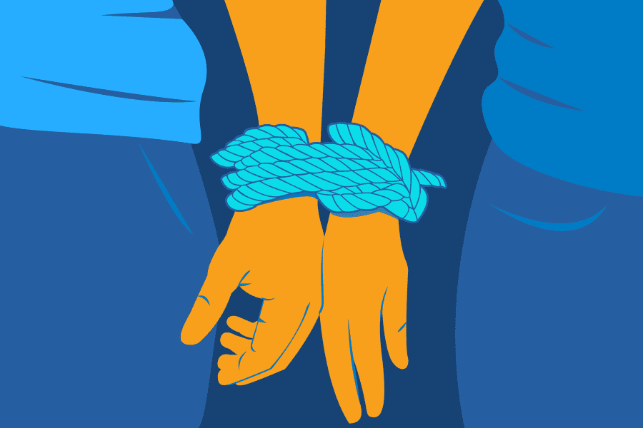 Illustration of two people's hands tied together with a rope representing codependency