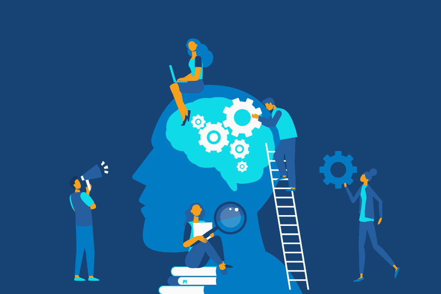 An illustration of a 5-person-team working on building the brain each holding a gear, laptop, magnifying glass, announcement speaker, and one person going up the ladder