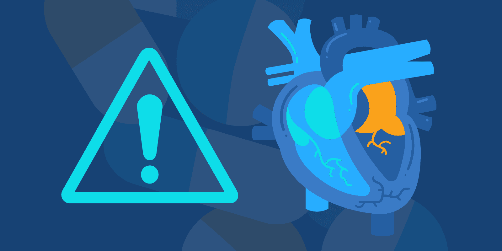 Heart illustration next to warning sign on top of a background with pills illustration
