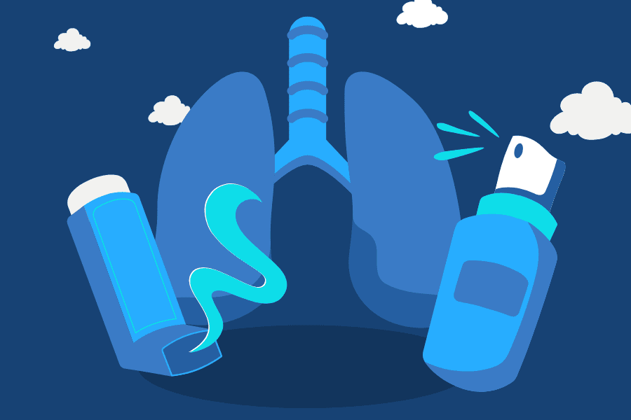 An illustration of a lung surrounded by clouds and inhalent