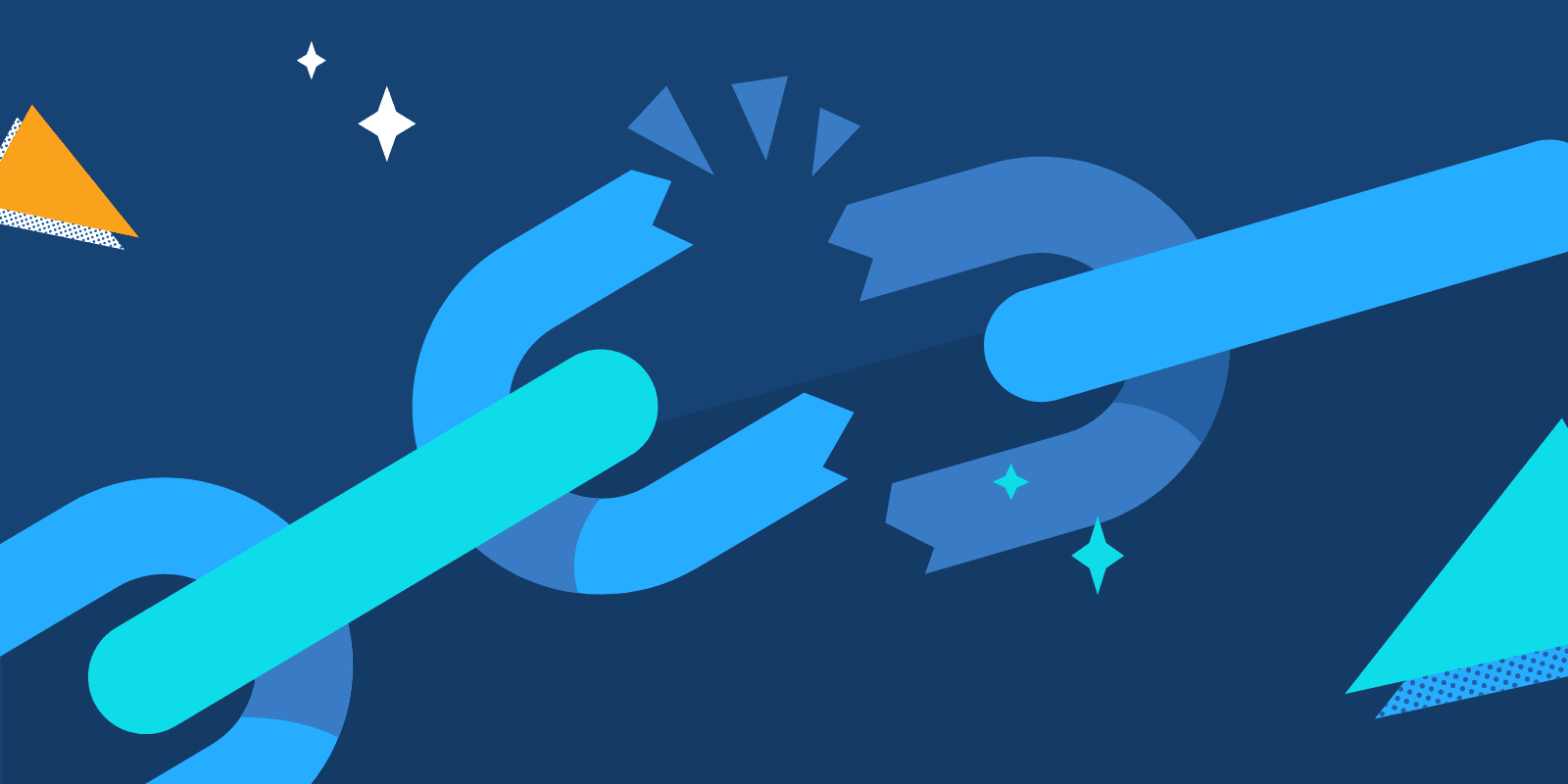 Illustration of a blue chain breaking in the middle with sparkles and triangles on the background